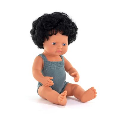 Miniland Doll 15'' Colourful Edition Caucasian Curly Black Hair Boy with Lead Color Rompers (Box) - Made in Spain, Anotomically Correct, Quality, Inclusion