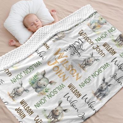 Customized Rhinoceros Baby Blanket with Name Double Layer Soft Plush Minky Baby Blanket Dotted Backing Personalized Baby Blankets for Boys Girls Newborn Toddler Receiving Baby Blanket Boy Girl