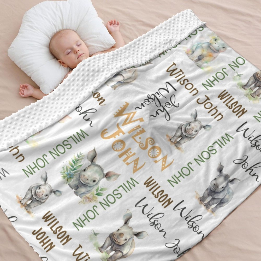 Customized Rhinoceros Baby Blanket with Name Double Layer Soft Plush Minky Baby Blanket Dotted Backing Personalized Baby Blankets for Boys Girls Newborn Toddler Receiving Baby Blanket Boy Girl