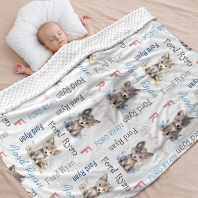 Customized Wolf Baby Blanket with Name Double Layer Soft Plush Minky Dotted Backing Personalized Baby Blankets for Boys Girls Newborn Toddler Receiving Baby Blanket Boy Girl