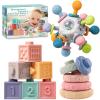 SpringFlower 3 in 1 Montessori Toys for Babies 0-3-6-12 Months, Rattle Teether & Baby Blocks & Soft Stacking Rings, Sensory Developmental Education Toys,Gift for Toddler Baby 0-3-6-12-18 Months view 1