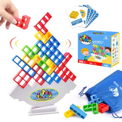 Tetra Balancing Stacking Tower Toys, 48PCS Board Games for Kids & Adults, 2 players Balance Game Team Building Blocks STEM Toy with Storage Bag, Boys Girls Gifts, Perfect for Family, Parties, Travel