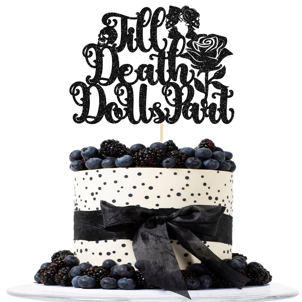 1Pc Till Death Do Us Part Cake Topper Black Glitter Happy Halloween Cake Topper Decorations Halloween's Day Theme Birthday Party Cake Decorations Supplies
