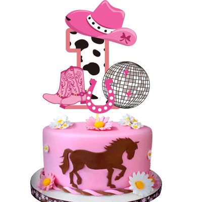 Pink Glitter Disco Cowgirl 1st Birthday Cake Topper & Party Decorations