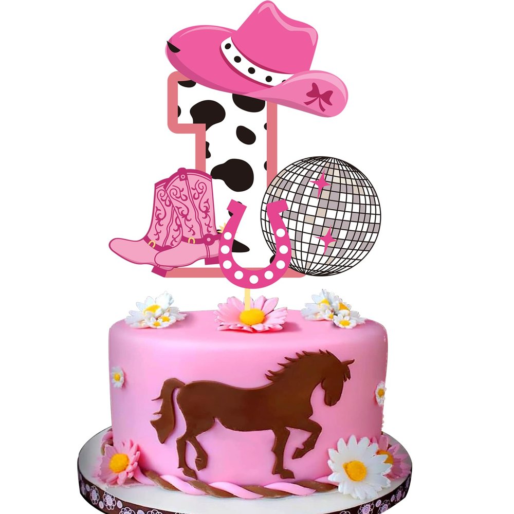 Pink Glitter Disco Cowgirl 1st Birthday Cake Topper & Party Decorations