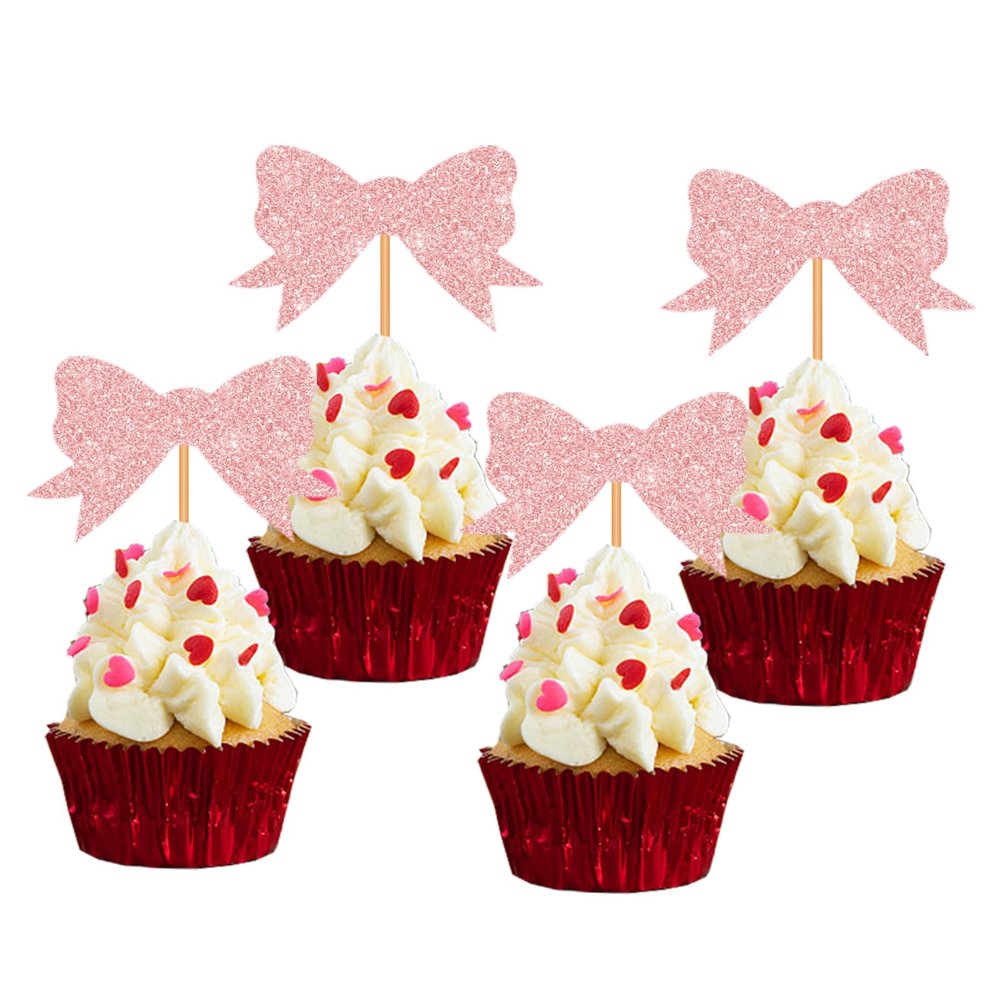 12PC Pink Bow Cupcake Toppers Bowknot Cupcake Topper for Girls Birthday Party Decorations Bow Cake Topper for Bridal Baby Shower Wedding Party Decor