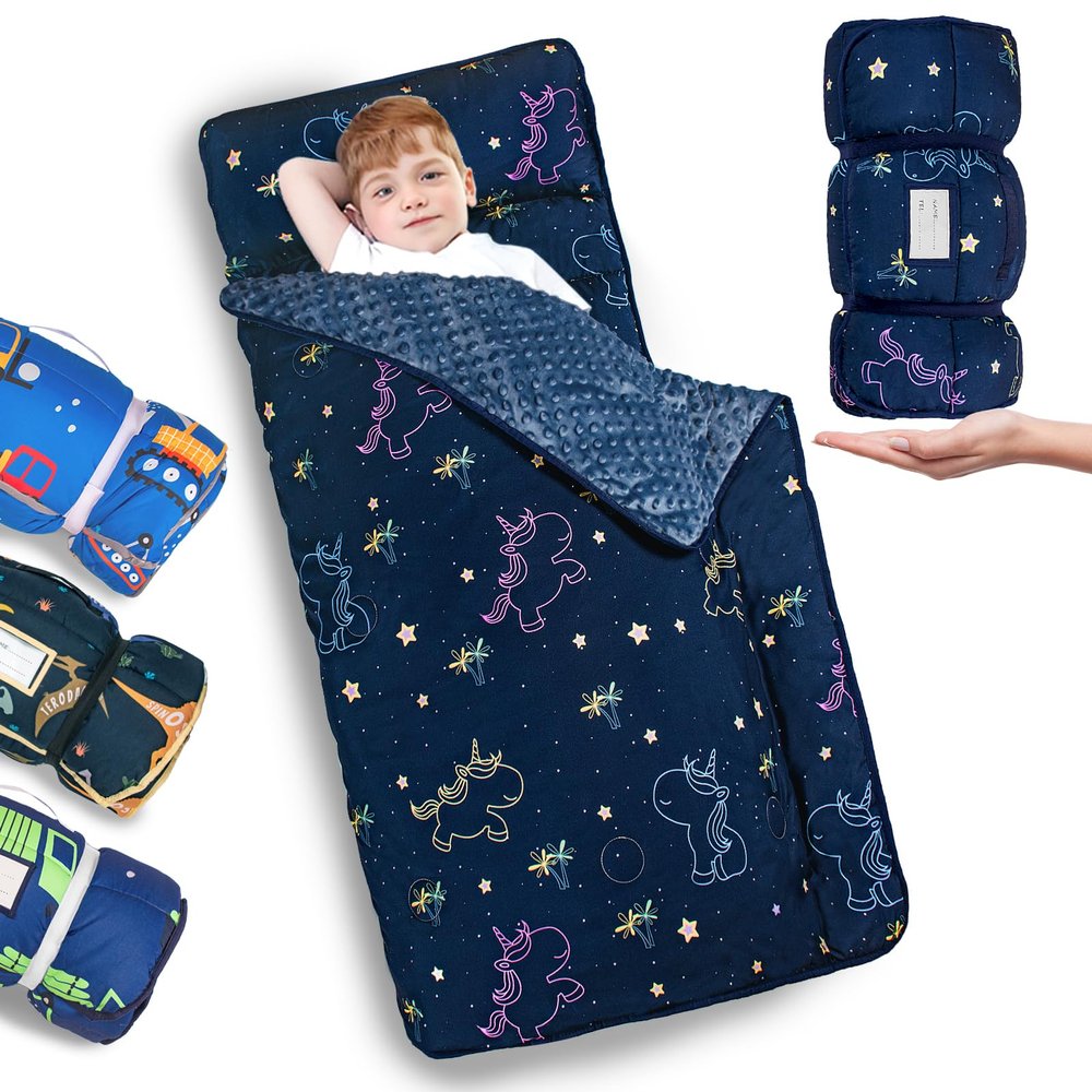 Primlect Thickened Toddler Nap Mat with Removable Pillow and Minky Blanket, Extra Large 55''x35'' Sleeping Bag, Washable, Roll up, Perfect for Daycare, Preschool, Kindergarten, Boys and Girls