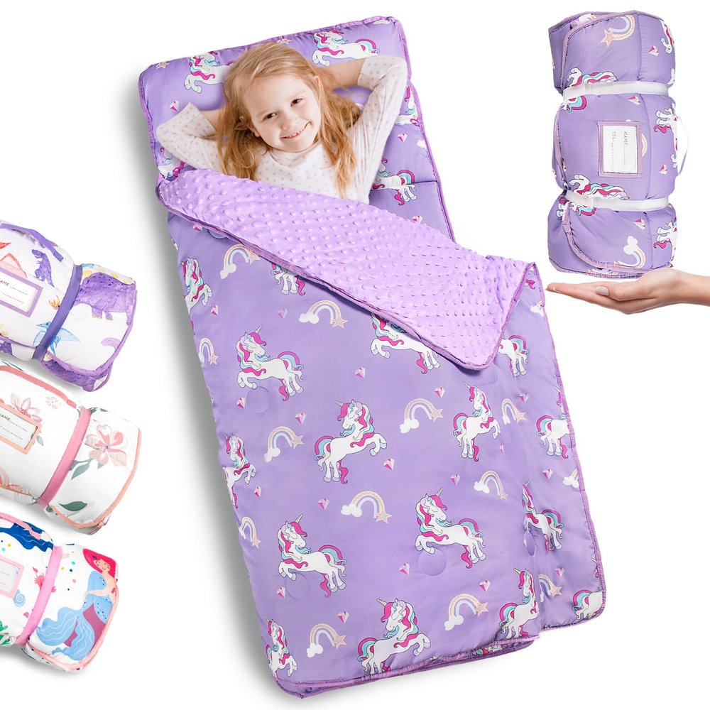Primlect Thickened Toddler Nap Mat with Removable Pillow and Minky Blanket, Extra Large 55''x35'' Sleeping Bag, Washable, Roll up, Perfect for Daycare, Preschool, Kindergarten, Boys and Girls Purple