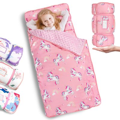 Primlect Thickened Toddler Nap Mat with Removable Pillow and Minky Blanket, Extra Large 55''x35'' Sleeping Bag, Washable, Roll up, Perfect for Daycare, Preschool, Kindergarten, Boys and Girls Pink
