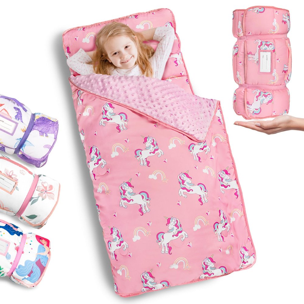 Primlect Thickened Toddler Nap Mat with Removable Pillow and Minky Blanket, Extra Large 55''x35'' Sleeping Bag, Washable, Roll up, Perfect for Daycare, Preschool, Kindergarten, Boys and Girls Pink