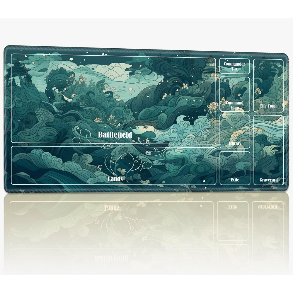 Playmat with Zones for MTG Magic The Gathering, 24 x 14 inches Stitched TCG Card Play Mat Commander Board Game Mats Smooth Rubber Surface Battle Game Desk Mat, Ocean Waves