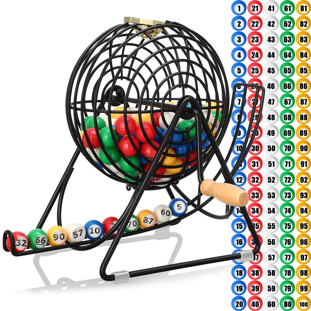 Poen 101 Pcs Lottery Bingo Game Set Include 12 Inch Cage 1-100 Numbers 0.9 Inch Window Balls Raffle for Game Night, Large Group Activities(Excluding Bingo Board)