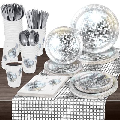 durony 176 Pieces 70s 80s Silver Disco Party Tableware Set Disposable Paper Plates Cups Napkins Cutlery Glitter Table Runner for 25 Guests Wedding Birthday Party Supplies Disco Parties Decorations