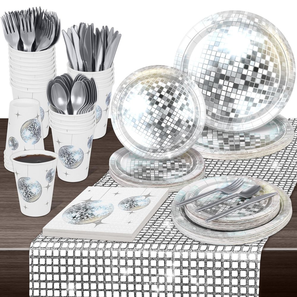 durony 176 Pieces 70s 80s Silver Disco Party Tableware Set Disposable Paper Plates Cups Napkins Cutlery Glitter Table Runner for 25 Guests Wedding Birthday Party Supplies Disco Parties Decorations