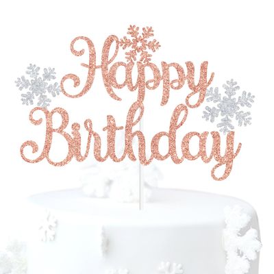 Rose Gold Glitter Winter Happy Birthday Cake Topper, Christmas Snowman Cake Dcor, Winter Snowflake Themed Birthday Party Decorations Supplies