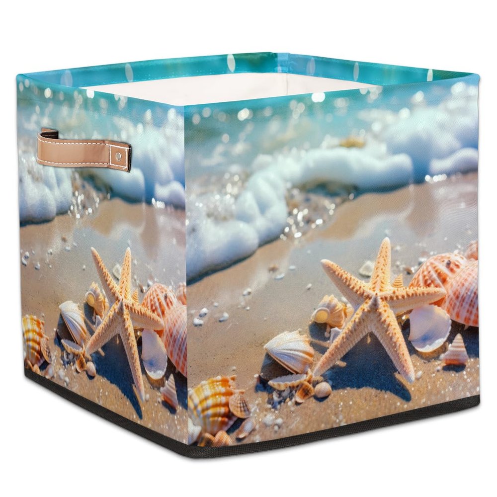 JXDXHCW 13x13 Inch Storage Basket Bin Summer Beach Starfish Seashell Polyester Cloth Storage Cube Box Toys Clothes Towels Organizer for Kids Room Bedroom Shelves Pantry