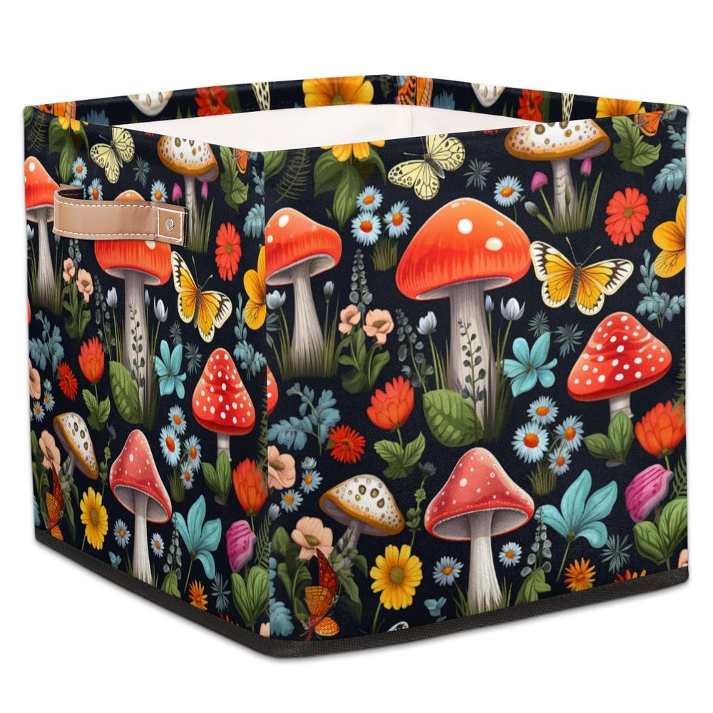 JXDXHCW 13x13 Inch Storage Basket Bin Mushroom Butterfly Flower Leaves Polyester Cloth Storage Cube Box Toys Clothes Towels Organizer for Kids Room Bedroom Shelves Pantry
