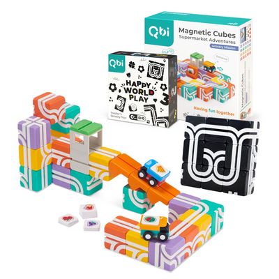 QBI Toy 2 Sets Combo | Supermarket Adventures & Happy World Play, Magnet Building Tiles, Colorful Blocks Construction Educational STEM Toys with Kids car for 2+ Year Old Boys & Girls (32 pcs+ 9 pcs)