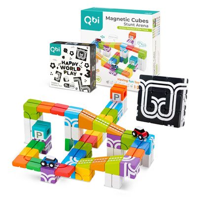 QBI Toy 2 Sets Combo | Stunt Arena & Happy World Play, Magnet Building Tiles, Colorful Blocks Construction Educational STEM Toys with Kids car for 4+ Year Old Boys & Girls (46 pcs+ 9 pcs)