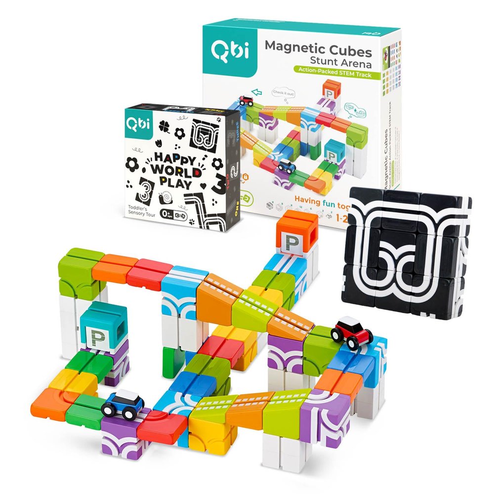 QBI Toy 2 Sets Combo | Stunt Arena & Happy World Play, Magnet Building Tiles, Colorful Blocks Construction Educational STEM Toys with Kids car for 4+ Year Old Boys & Girls (46 pcs+ 9 pcs)