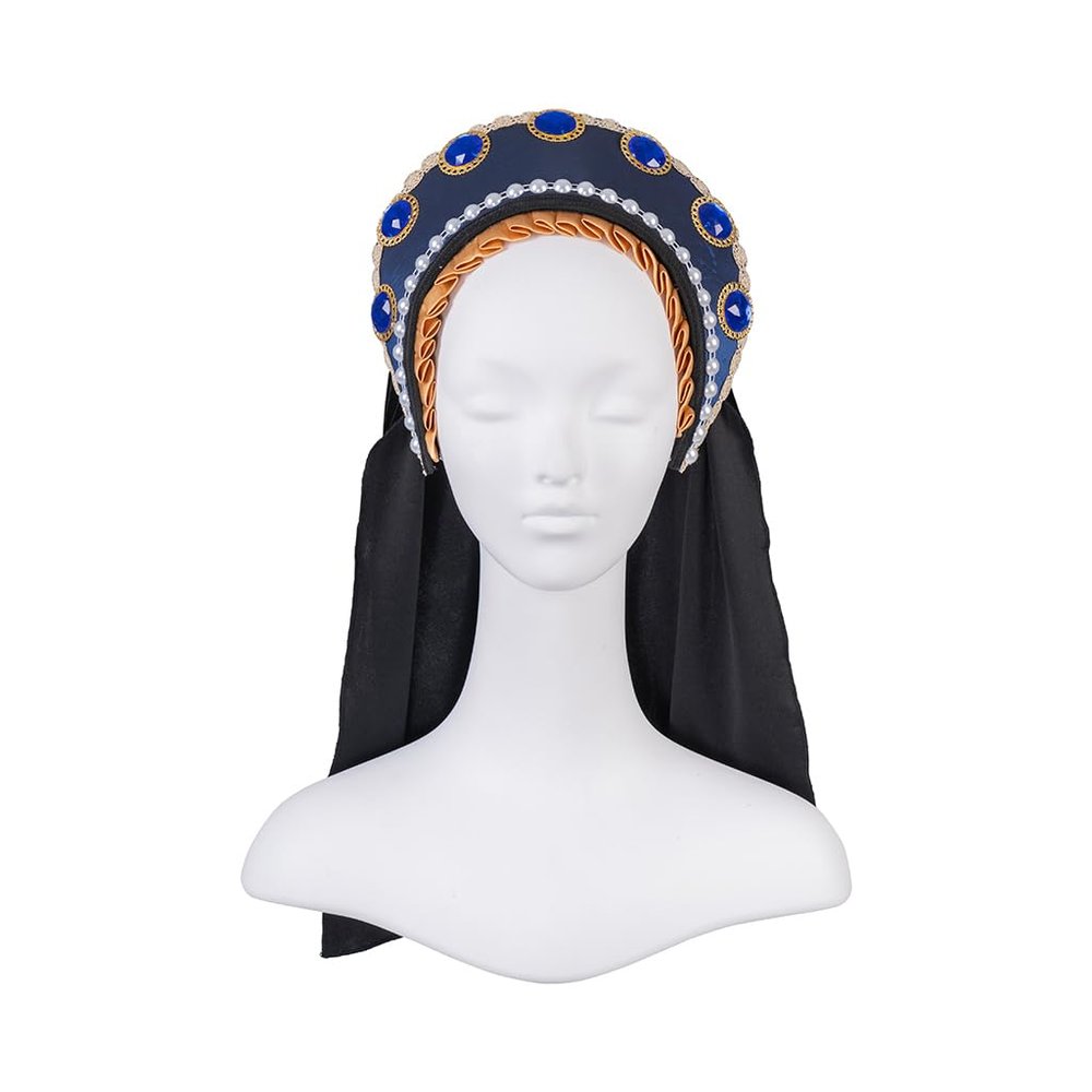 Willyacos Tudor French Hood Anne Boleyn Costume Headpiece Elizabethan Headwear Renaissance Tudor Hat Headdress Headband (Blue, One size)
