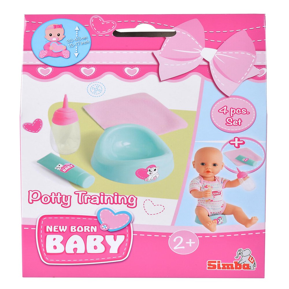 Simba - New Born Baby Potty Training Set, Refillable Bottle, Wipe and Cream for 30 43 cm Dolls, 4 Pieces, Ages 2 and Up, White (4006592089382)