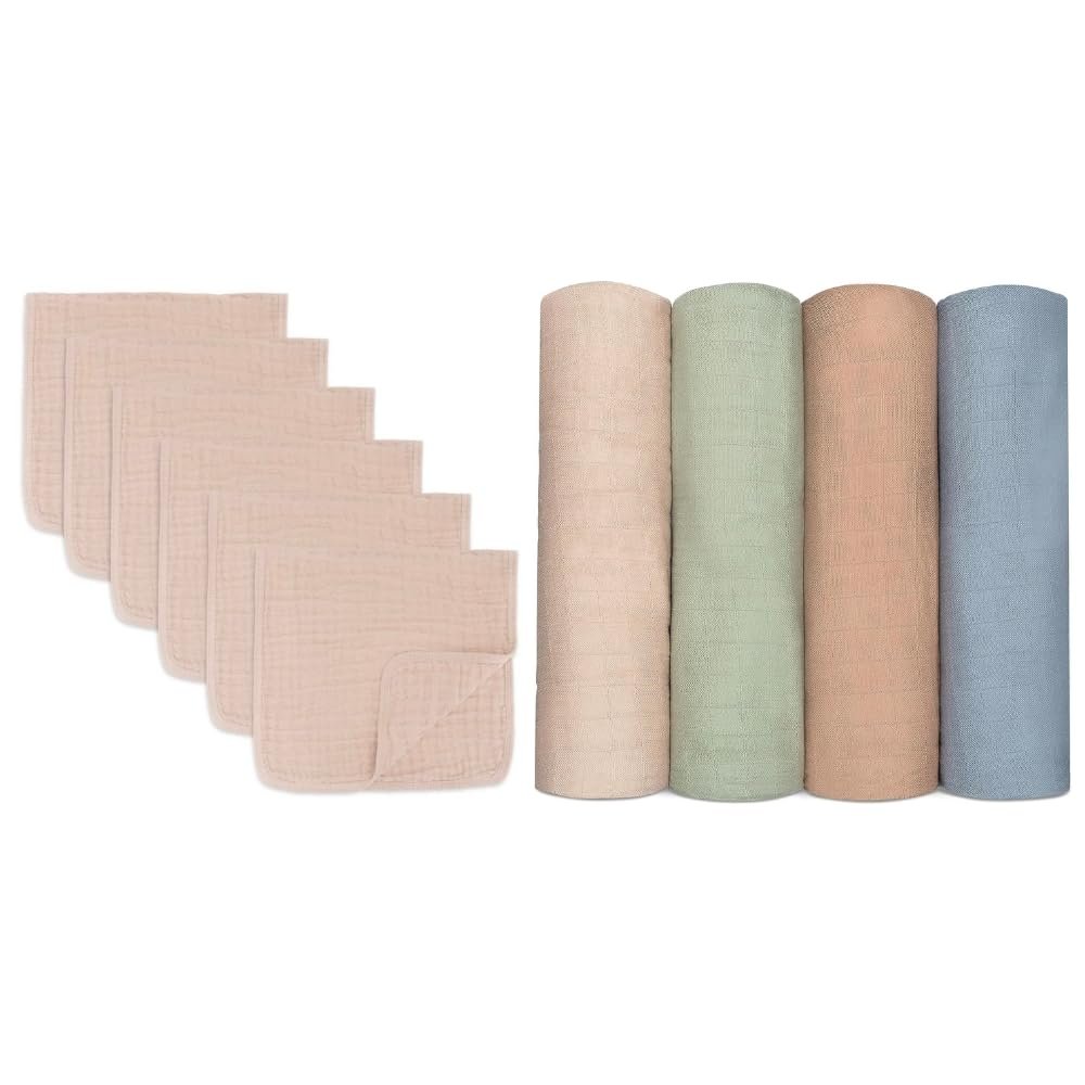 Comfy Cubs Muslin Burp Cloths Large 100% Cotton and Muslin Swaddle Blankets Bundled