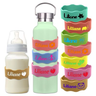 Custom Baby Bottle Labels for Daycare Silicone Water Bottle Name Bands Personalized Reusable Baby Bottle Straps for Kids Cups School(Brown)