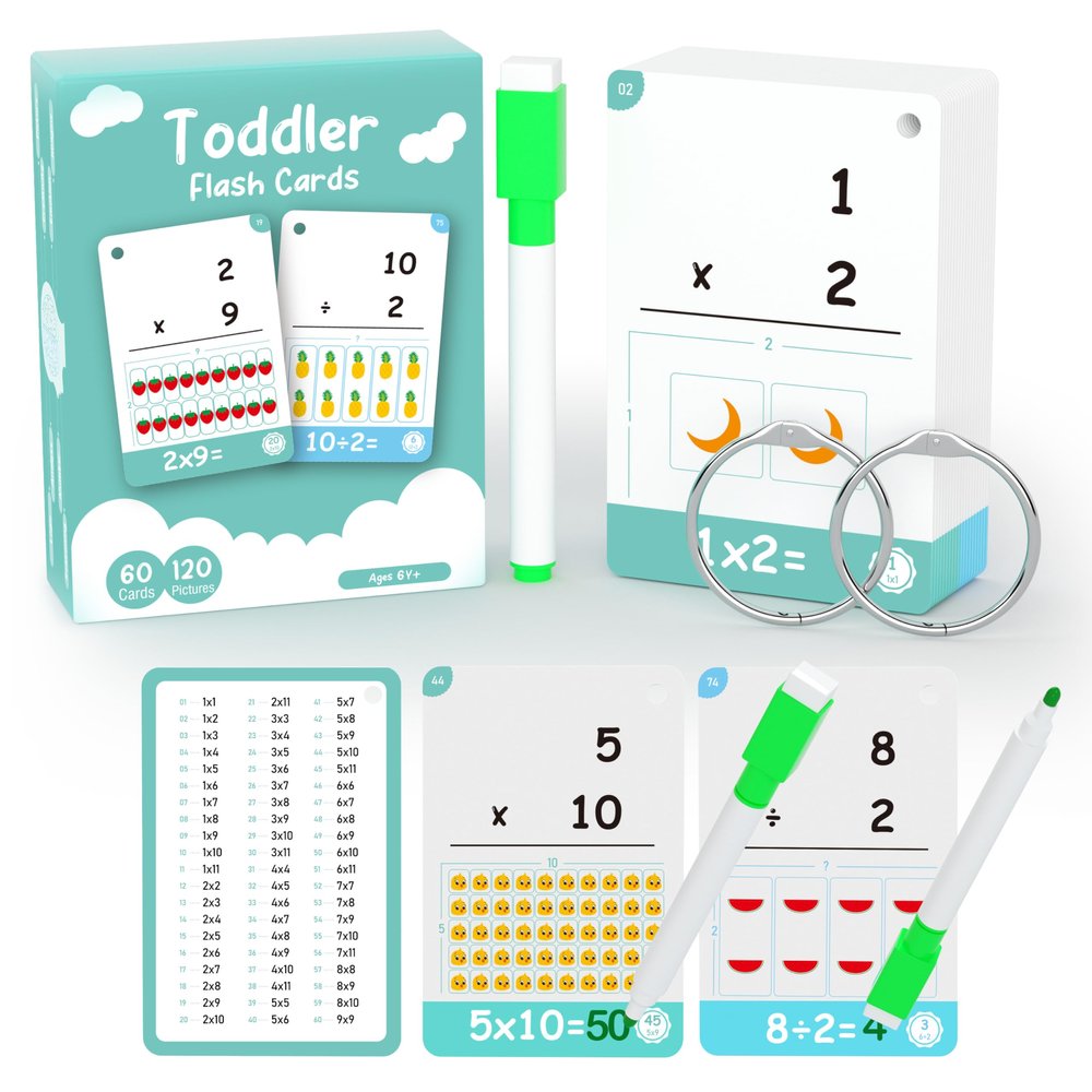 60 Cards, 120 Pictures Educational Math Flash Cards, Multiplication Division Flash Cards, for Toddlers 7,8,9,10,11 Years for 2ed, 3rd,4th5th, 6th Grade Studends.