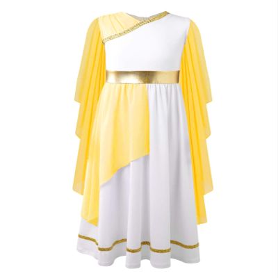 ACSUSS Kids Girls Ancient Roman Grecian Princess Dress Youth Halloween God Toga Fairytale Role-Play Costume Yellow 16 Years
