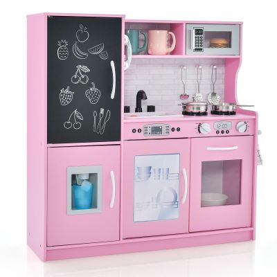 MAT EXPERT Kids Kitchen Playset, Wooden Chef Pretend Toy Kitchen w/Chalkboard, Ice Maker, Cookware Accessories, Telephone, Oven, Microwave, Play Kitchen for Toddlers, Gift for Boys Girls 3+ (Pink)