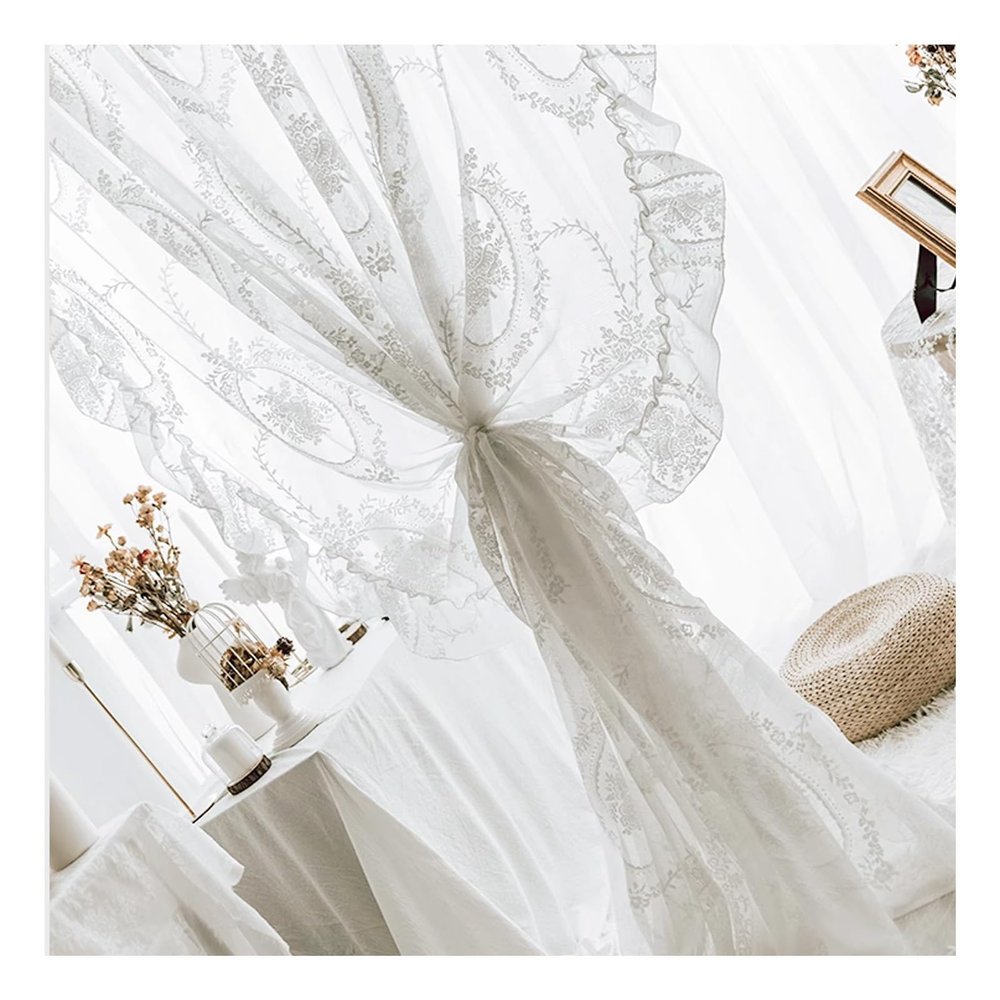 White Tulle Window Treatments, Rod Pocket French Romantic Style Retro Floral Embroidered Window Curtain with Pleated Ruffle, for Living Room Bedroom Balcony, 1 Panel (Size : W300xH260CM(W118xH102in)