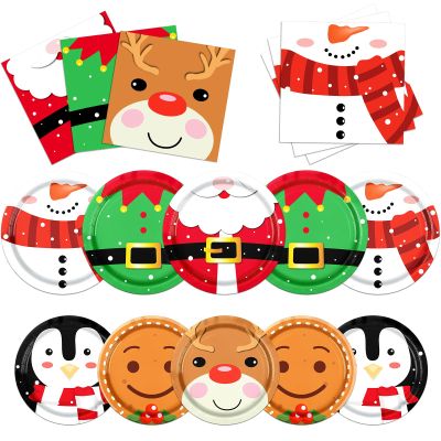 Santa Christmas Paper Plates Decorations, Gingerbread Party Theme Tableware Set Christmas Snowman Party Plates and Napkins Disposable for Winter Xmas Holiday Party Favors