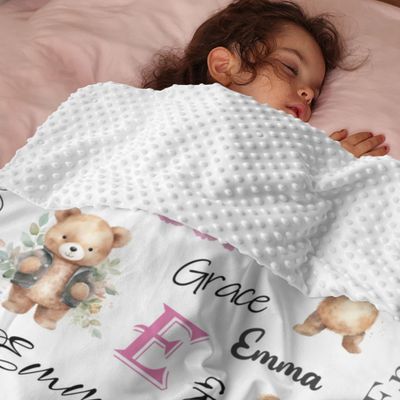 Soft Plush Bear Minky Baby Blanket for Girls Double Layer Dotted Backing Bed Throws for Baby Nursery Toddler Crib Receiving Blankets Girl Newborn Personalized Name Blanket