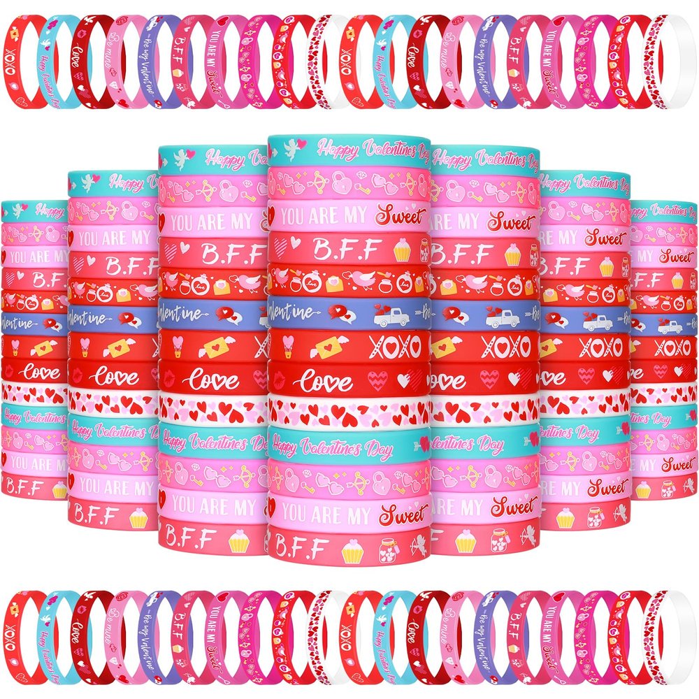 Wettarn 100 Pcs Valentine's Day Bracelets Bulk Gifts for Kids Valentine's Day Party Favors Heart Silicone Wristbands Pink Red Love Heart Accessories Bag Stuffers Treats Classroom Exchange Prizes
