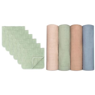 Comfy Cubs Muslin Burp Cloths Large 100% Cotton and Muslin Swaddle Blankets Bundled