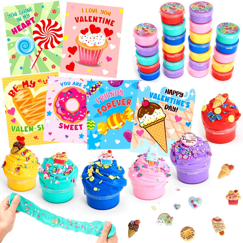 Tobiwibby Valentine's Day Gifts for Kids- 24 Sets of Butter Slime with Valentine's Day Card, School Classroom Valentine's Gifts Exchange, Valentine's Party Favors for Kids, Valentines Greeting Cards
