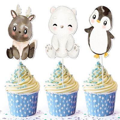 10 Pcs Winter Animal Cupcake Toppers for Kids Birthday, Baby Shower, and Woodland Party Cute Arctic Animals, Penguin, Polar Bear, Owl, Seal, Reindeer, and Whale Decorations for Cupcakes