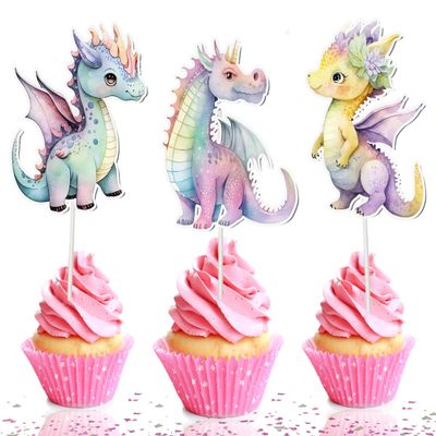 10 Pcs Pink Dragon Cupcake Toppers with Castles and Fantasy Egg for Birthday Party, Baby Shower, and Fairytale Theme Decorations  Cute Dragon Cupcake Picks for Cakes, Kids