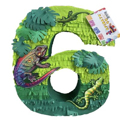 20 Tall Lizards Theme Number Six Piata | Green Color Iguana Design, Perfect for 6th Birthday Party, Handcrafted, Durable and Fun Party Decoration for Kids