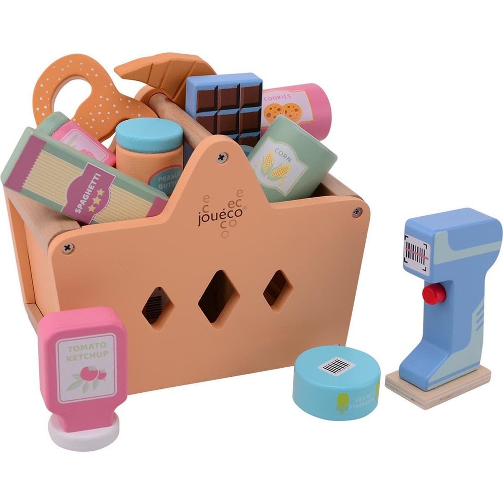JOUECO Wooden basket with shopping and scanner