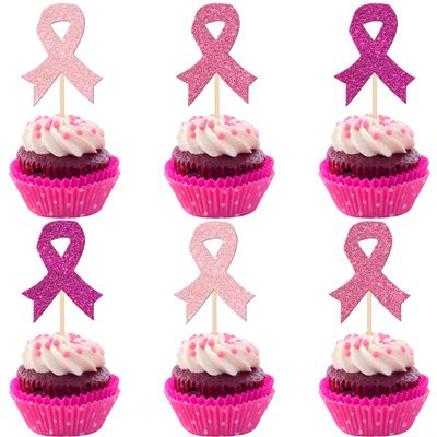24 PCS Ribbon Breast Cancer Awareness Cupcake Toppers Glitter Pink Ribbon Fight Hope Believe Breast Cupcake Picks for Pink Ribbon Breast Cancer Party Cake Decorations Supplies Colorful