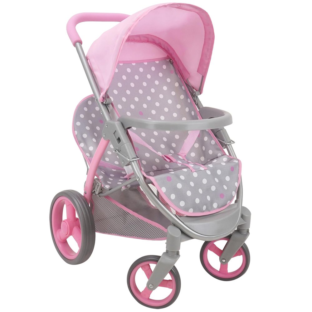 509 Crew: Cotton Candy Pink: Twin Tandem Doll Stroller - Pink, Grey, Polka Dot - Dolls Up to 18", Holds 2 Dolls, Foldable, Kids Pretend Play, Ages 3+