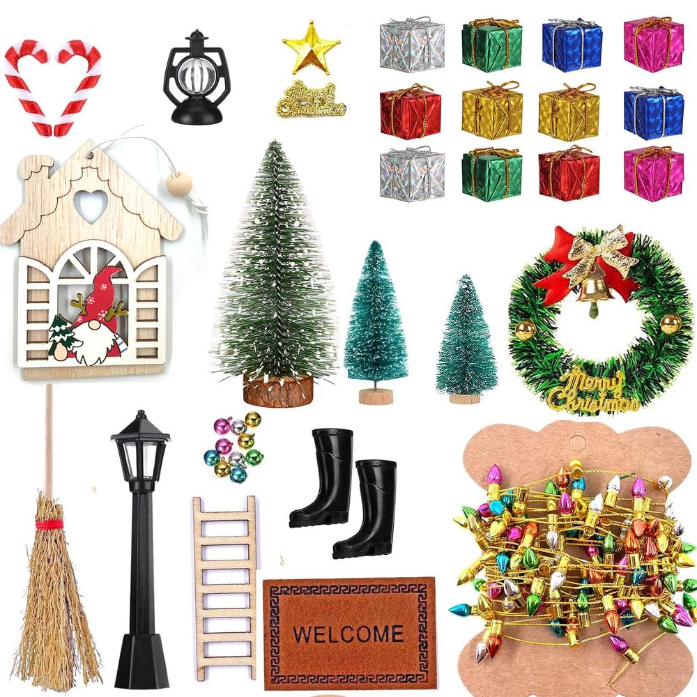 39 Pcs Doll House Decoration Miniatures Dollhouse Accessories Small Scene Model Light Mini Tree Gift Boxes Fake Light Door Miniature Scene Model Pretend Toys DIY Festival Holiday Party Favors Christm