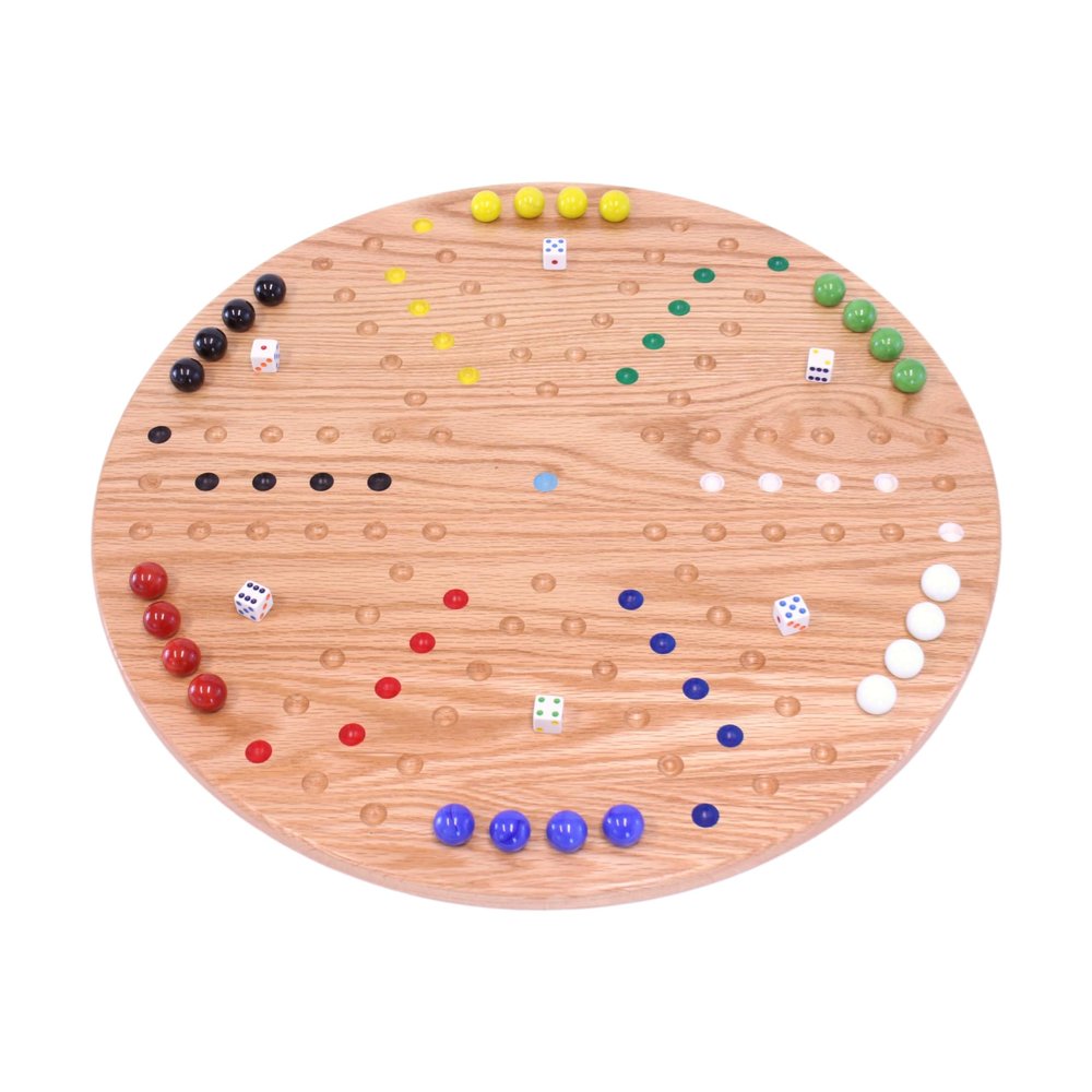 AmishToyBox.com Wahoo Marble Game Board Set - Round 22" Wide Marbles Game - Solid Oak Wood - Double-Sided - with Large 22mm Marbles and Dice Included