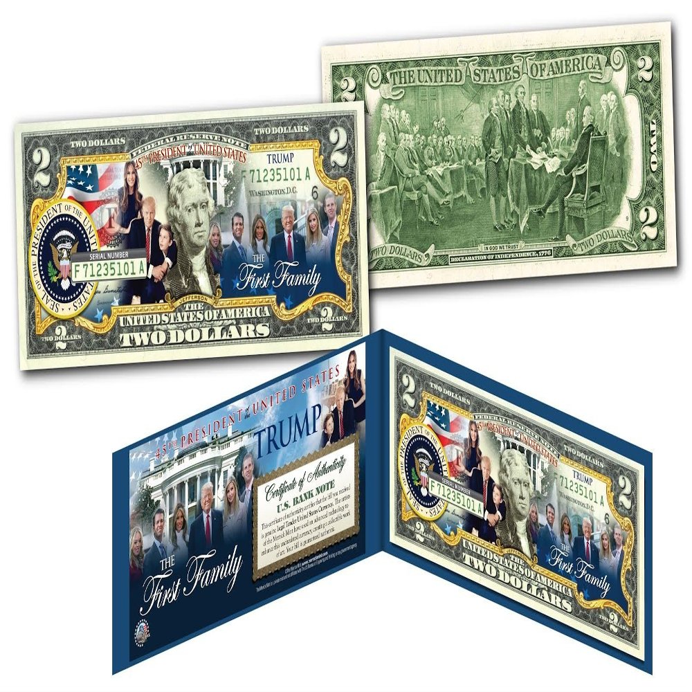 Donald Trump 45th President The First Family Official Uncirculated Two Dollar Bill Special Edition Collectible Display Holder and Certificate
