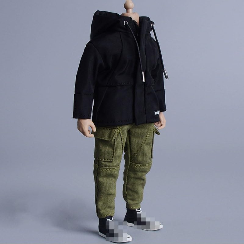 1/12 Scale Male Clothes,Male Windbreaker Coat Hoodie Jacket Black Zip Coat Outfit Clothing for 6inch Male Action Figure Body (Black)