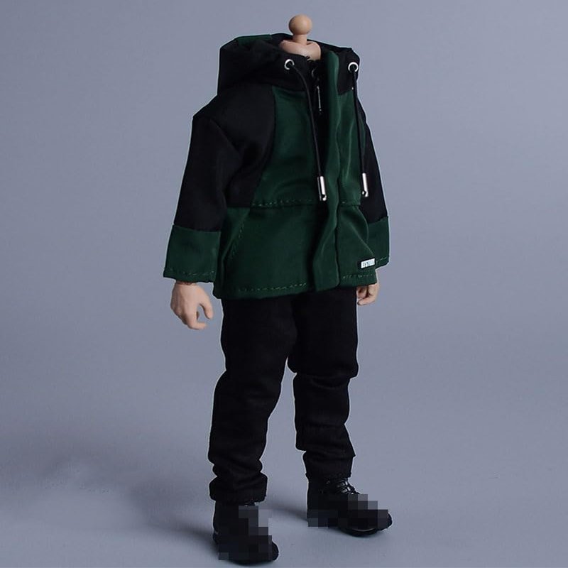 1/12 Scale Male Clothes,Male Windbreaker Coat Hoodie Jacket Black Zip Coat Outfit Clothing for 6inch Male Action Figure Body (Black&Green)