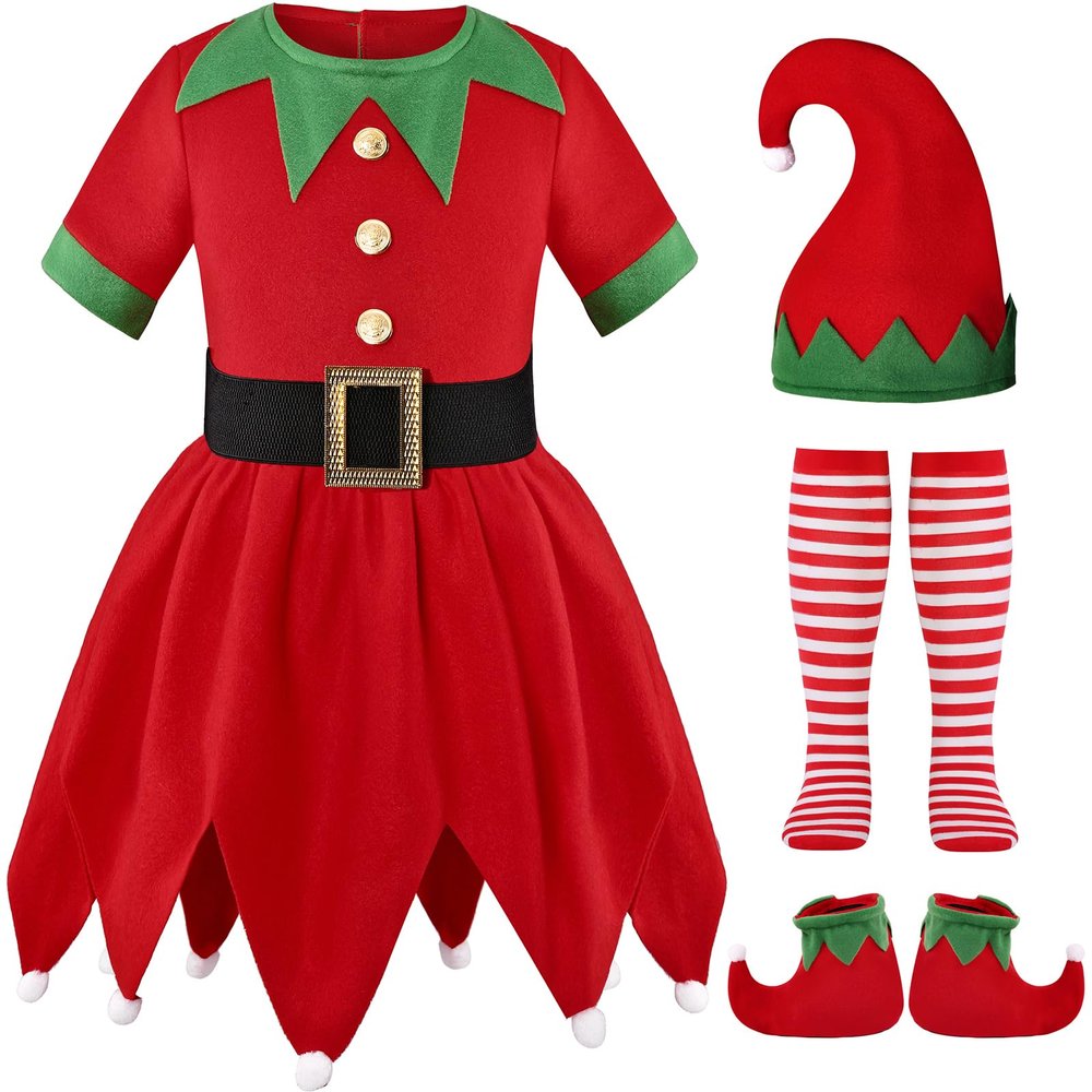 Costumerry Elf Costume for Girls Kids Christmas Elf Santa's Dress Outfit (3-5T)