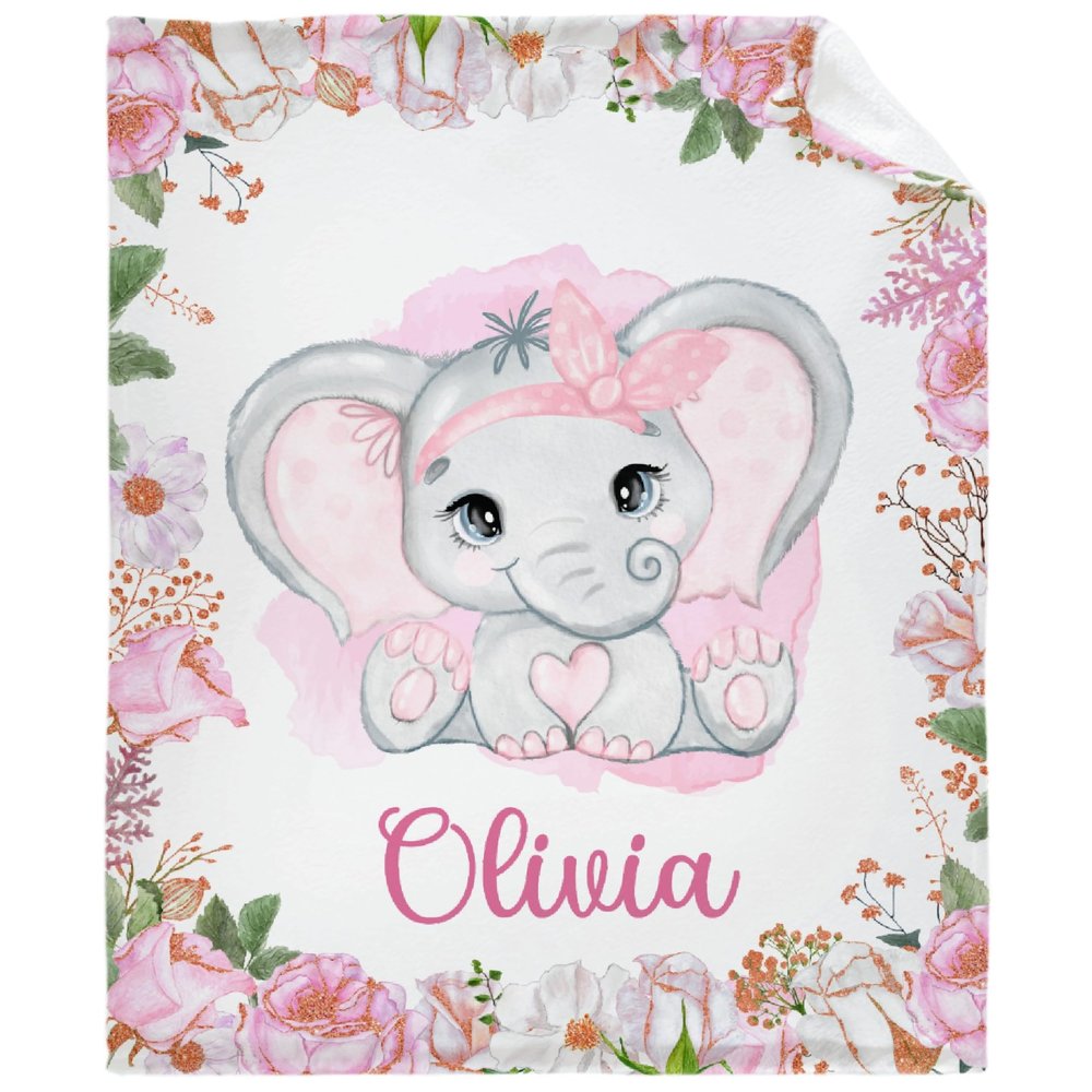 Audumbara Custom Elephant Baby Personalized Name Flannel Throw Blanket for Little Girl Boy Kid Funny Meaningful Gift for All Season (40"X30") XSmall Size for Toddler